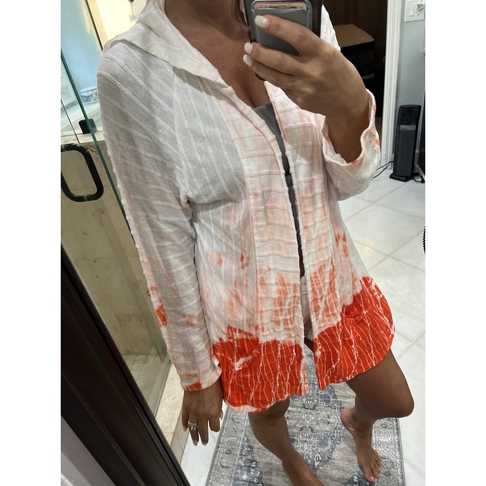 Chicos Zenergy Tie Dye Striped Hooded Jacket Womens 2 US Large Open Orange White